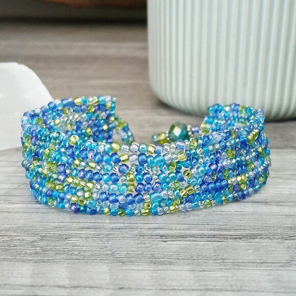 Boho Chic Beaded Bracelet, Green & Blue Seed Bead Jewelry, Herringbone 6" - Picture 1 of 11